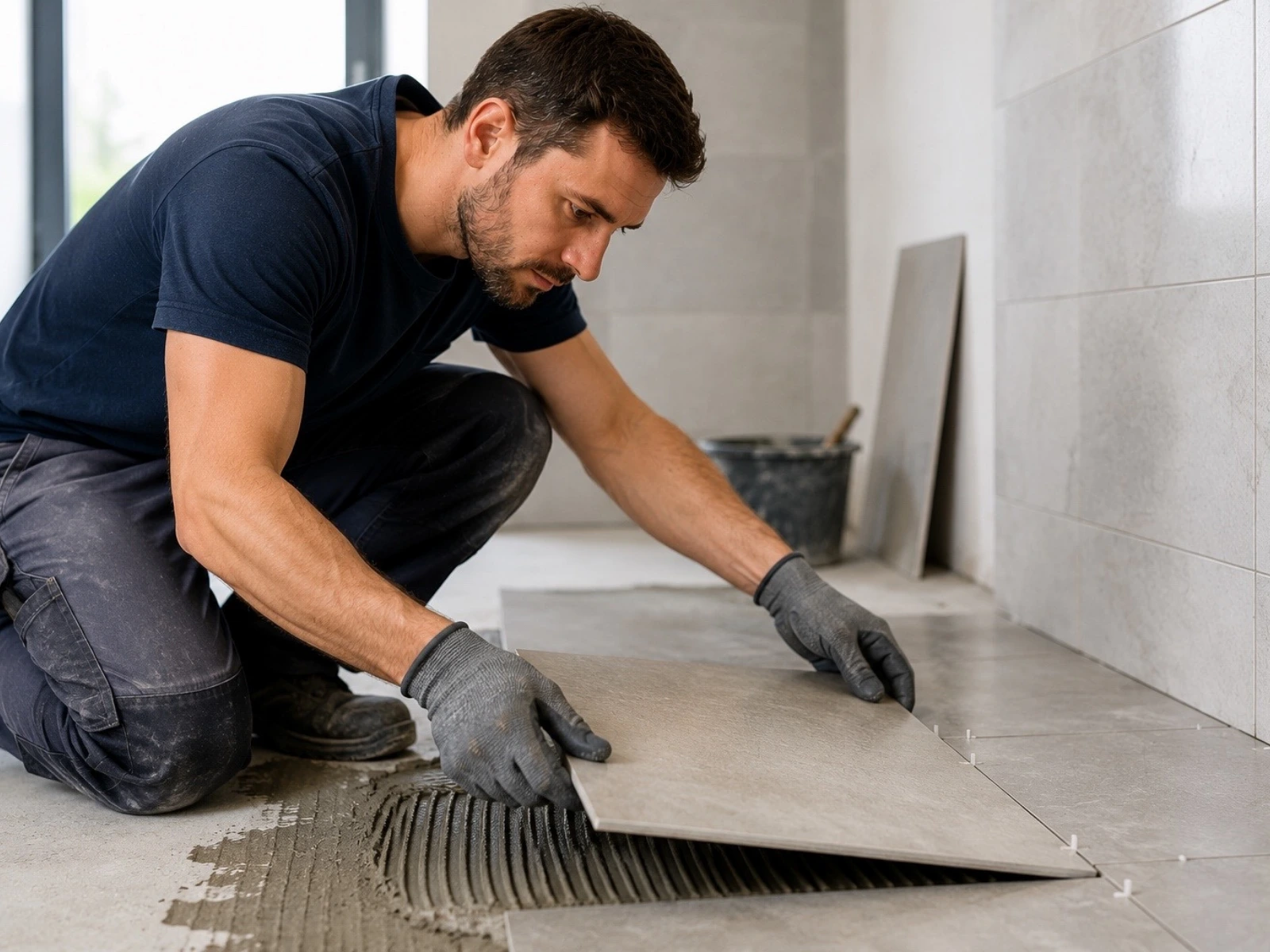 Pose de carrelage sur un chantier